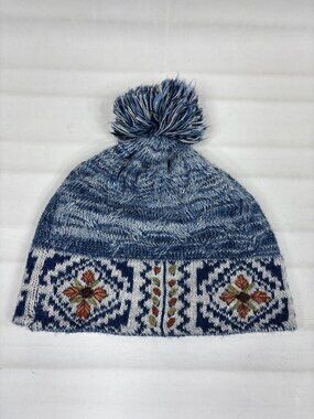 Peruvian Link Frosty Mosaic Alpaca Winter Pom Beanie Hat Lined Blue Embroidered